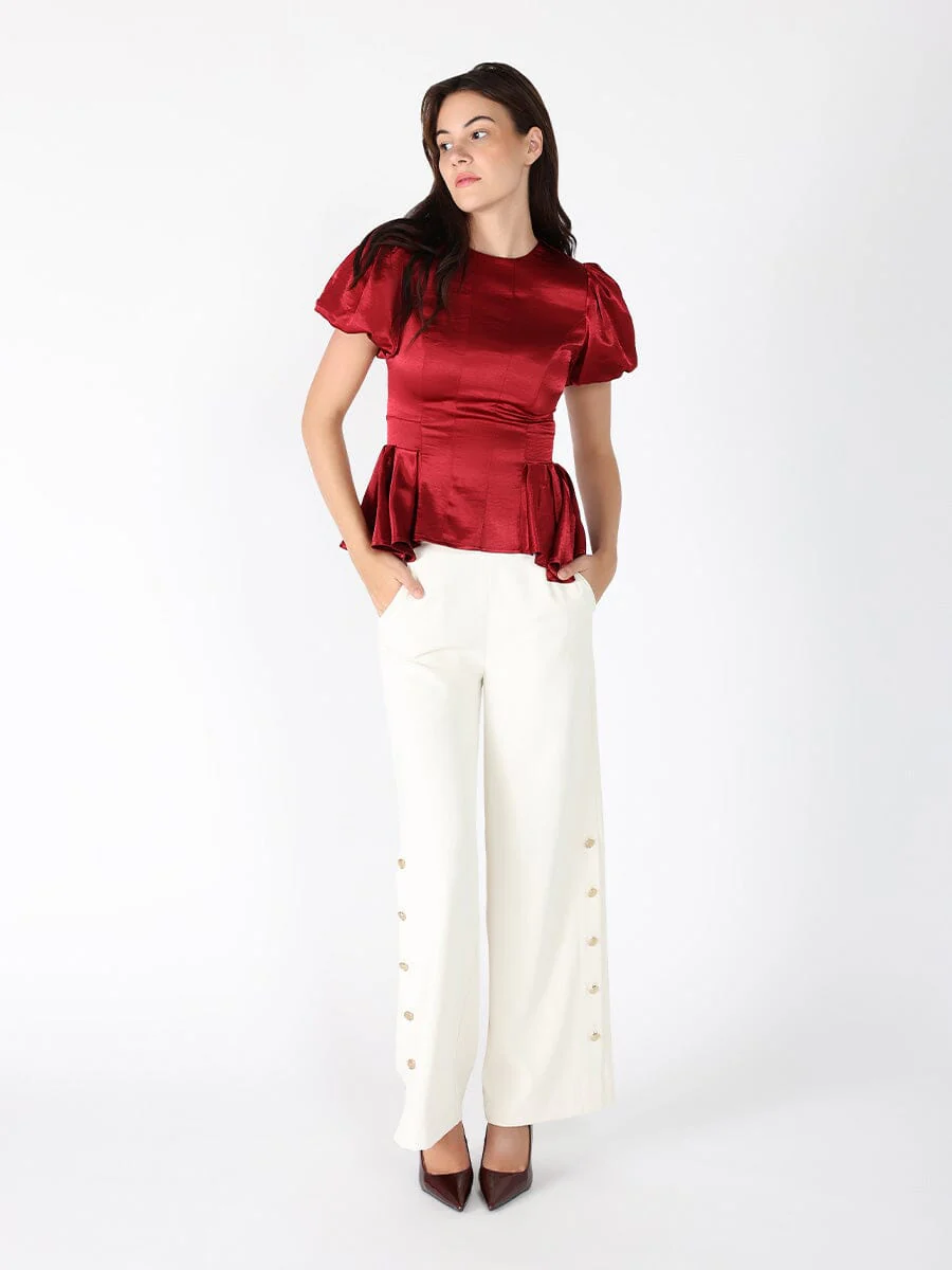 Puffed Sleeve Ruffle Bottom Crew Neck Top - Image 6