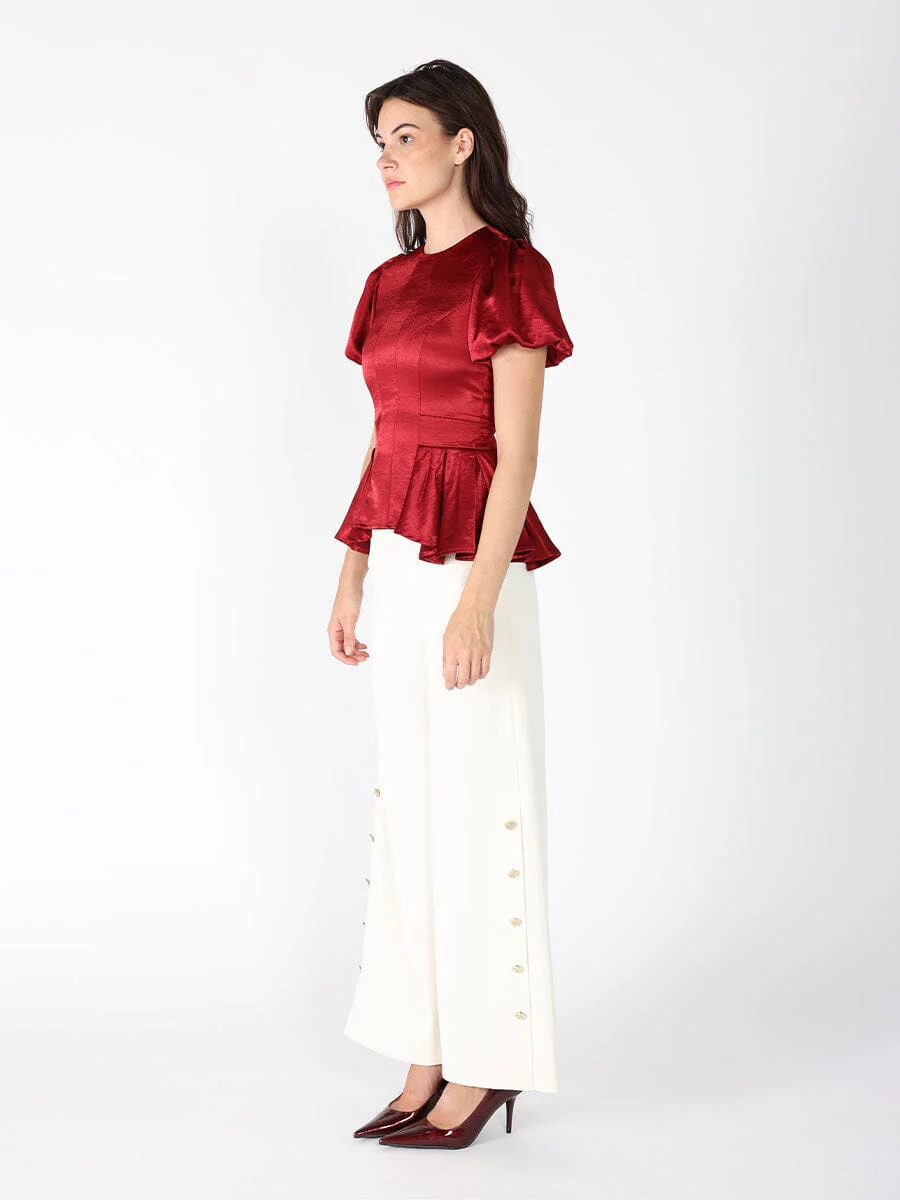 Puffed Sleeve Ruffle Bottom Crew Neck Top - Image 7