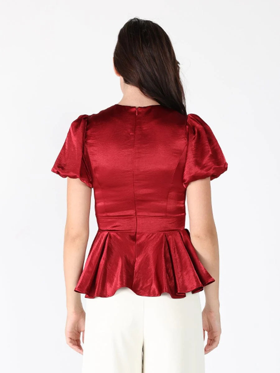 Puffed Sleeve Ruffle Bottom Crew Neck Top - Image 8