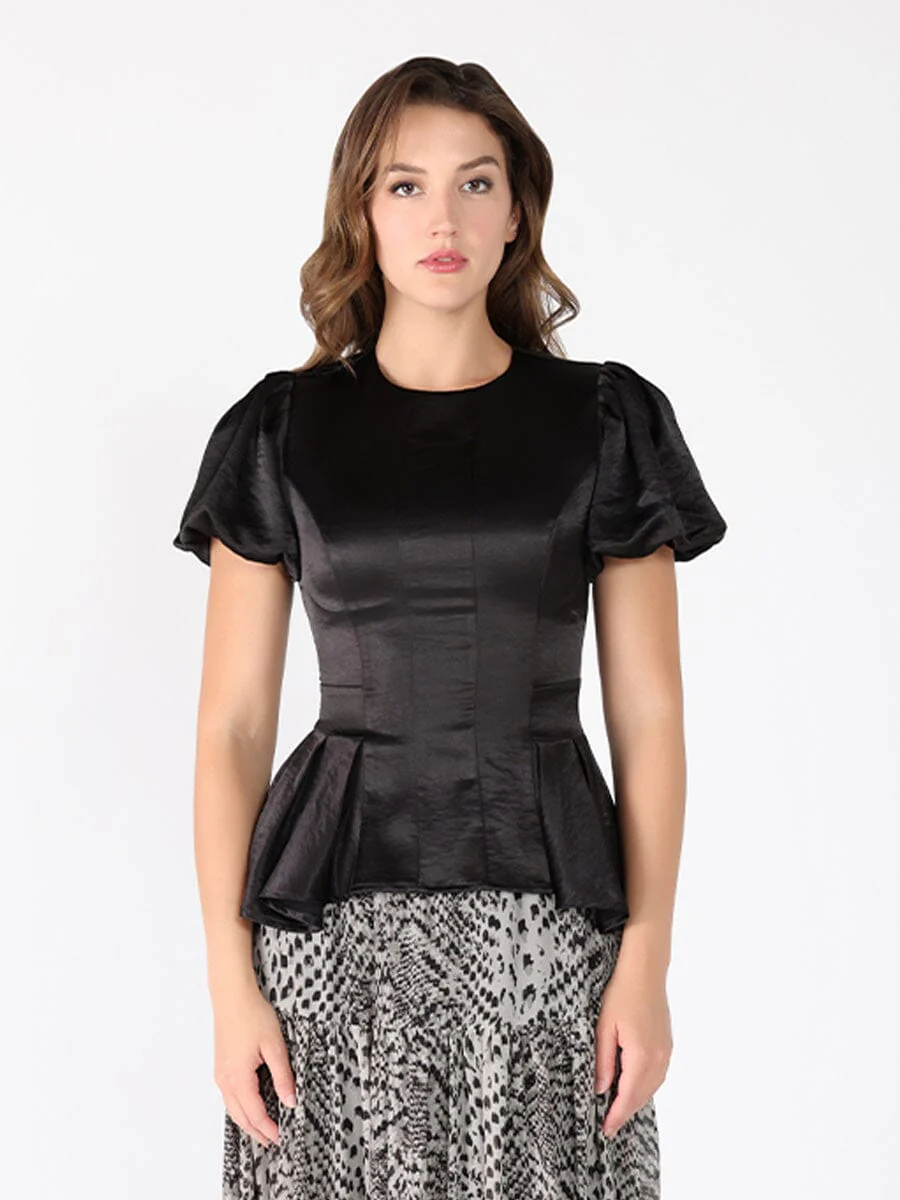 Puffed Sleeve Ruffle Bottom Crew Neck Top - Image 9