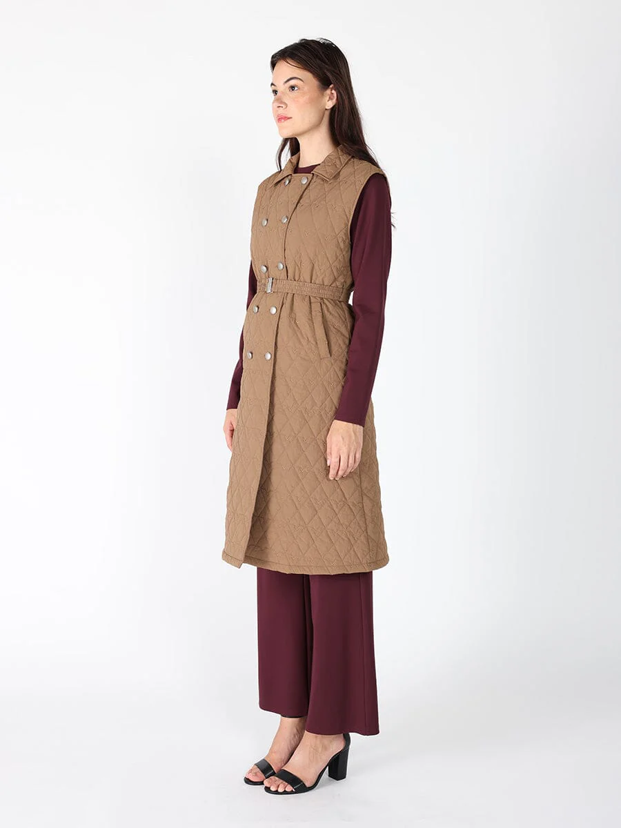 Quilted Sleeveless Belted Long Jacket - Image 3