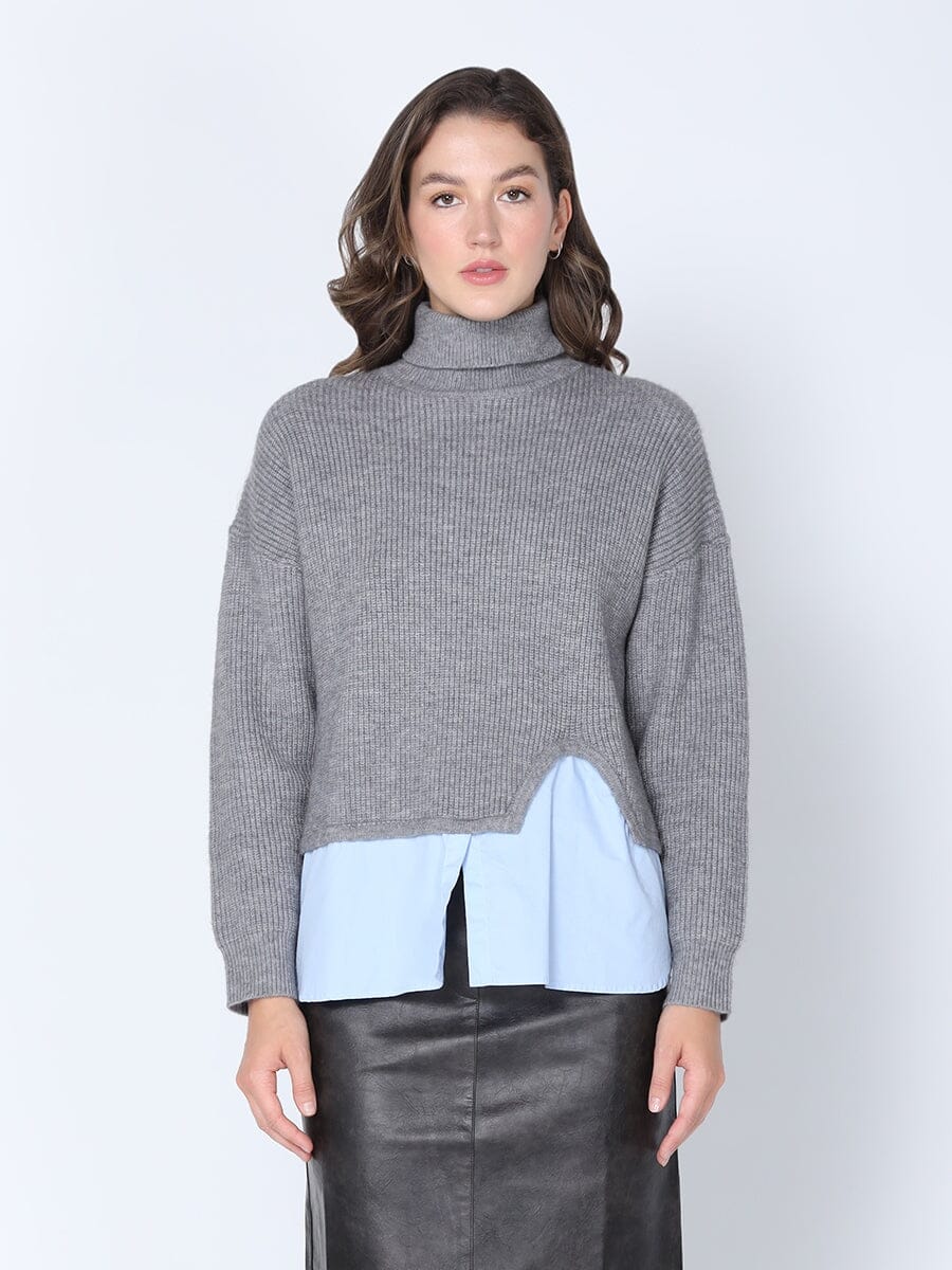Roll-Neck Slit Sweater Layering with Shirt