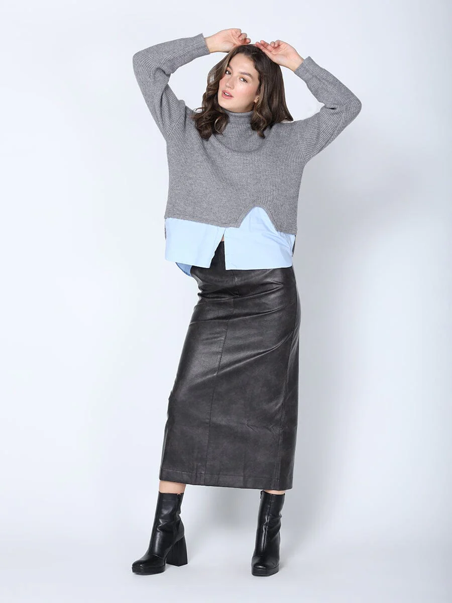 Roll-Neck Slit Sweater Layering with Shirt - Image 2