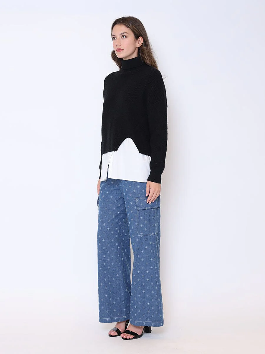 Roll-Neck Slit Sweater Layering with Shirt - Image 7