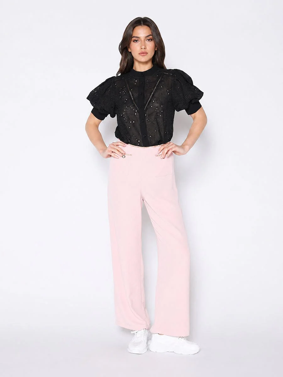 Round-Neck Puff Sleeve Eyelet Top - Image 2