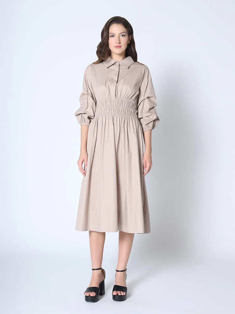 Ruched Puff Sleeve & Waist A Line Midi Dress