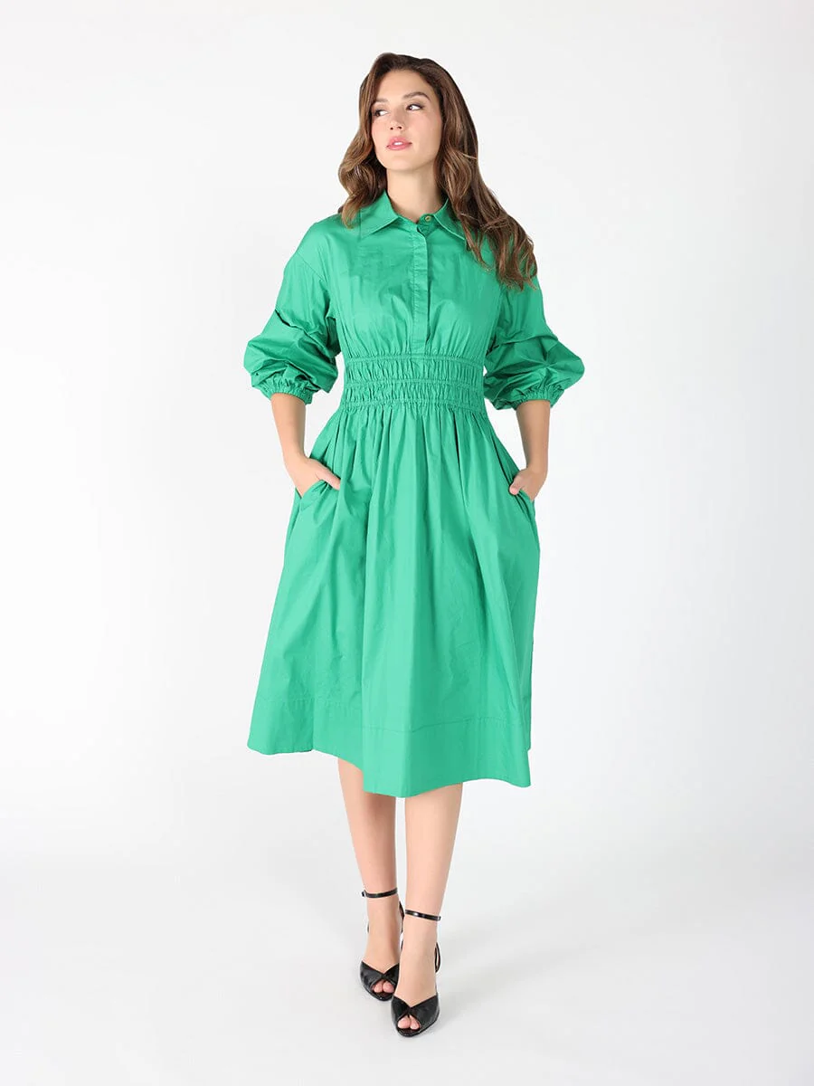 Ruched Puff Sleeve & Waist A Line Midi Dress - Image 10