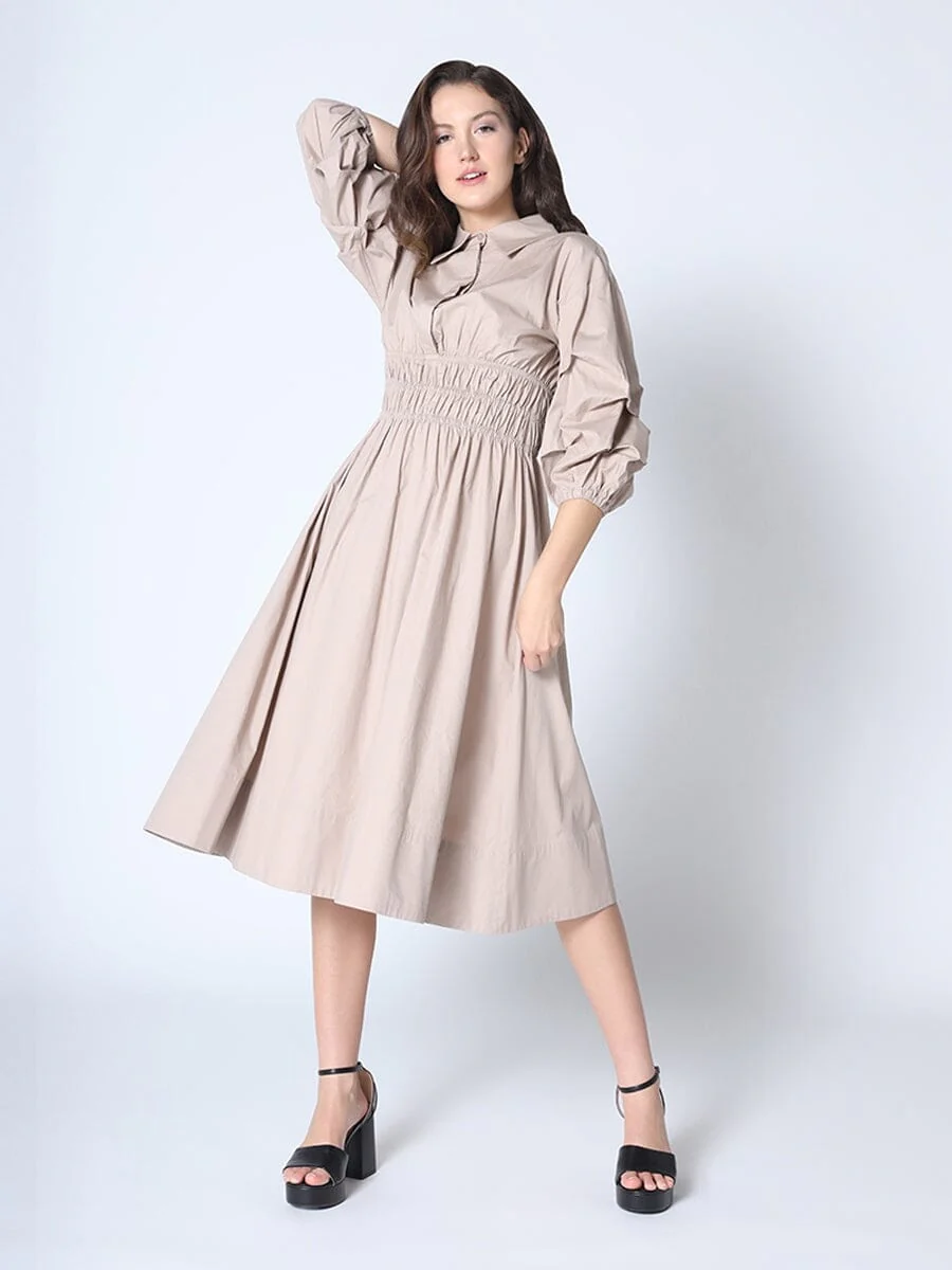 Ruched Puff Sleeve & Waist A Line Midi Dress - Image 2