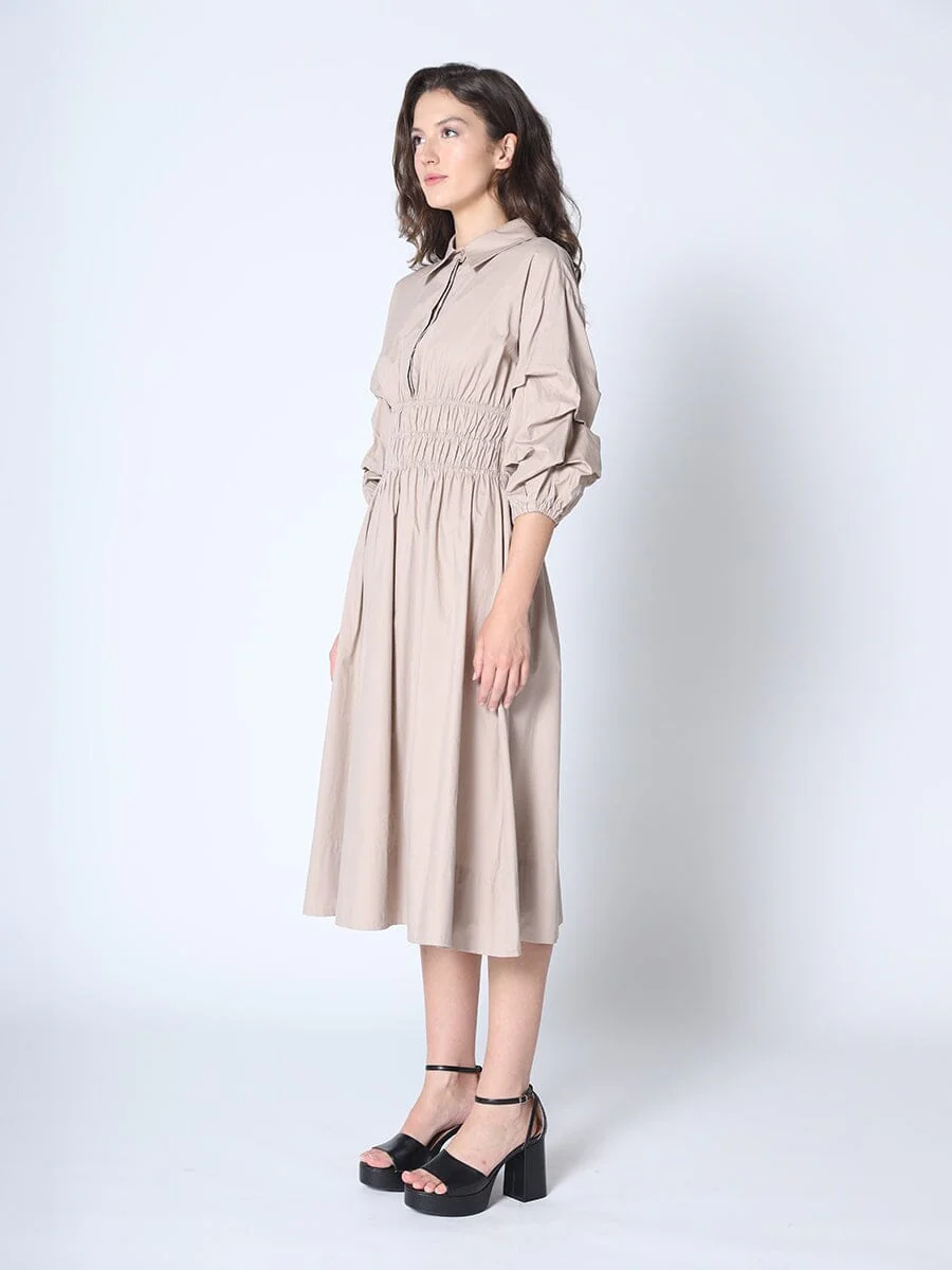Ruched Puff Sleeve & Waist A Line Midi Dress - Image 3