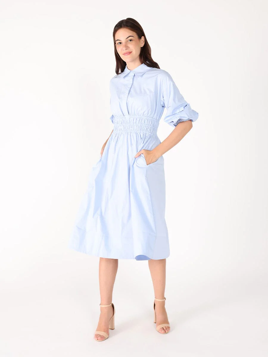 Ruched Puff Sleeve & Waist A Line Midi Dress - Image 6