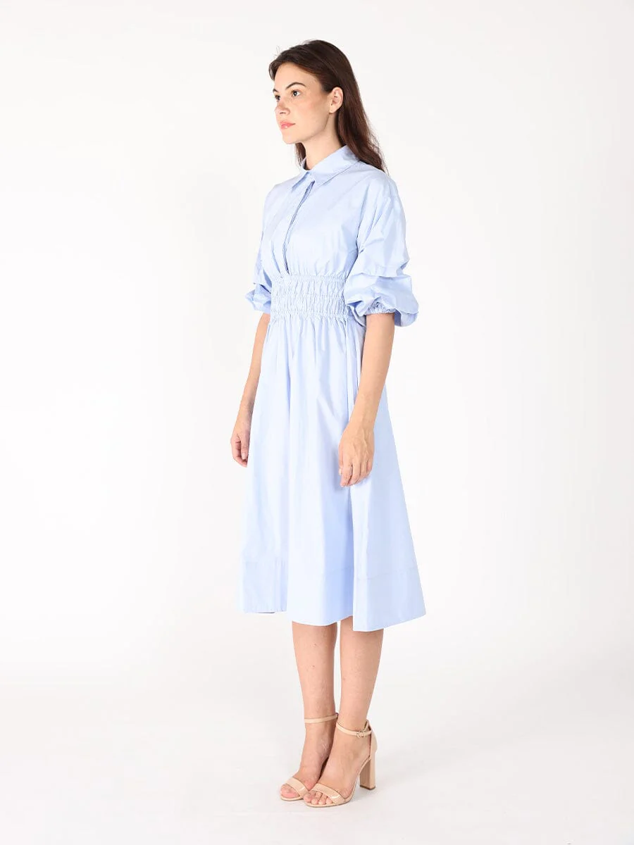 Ruched Puff Sleeve & Waist A Line Midi Dress - Image 7