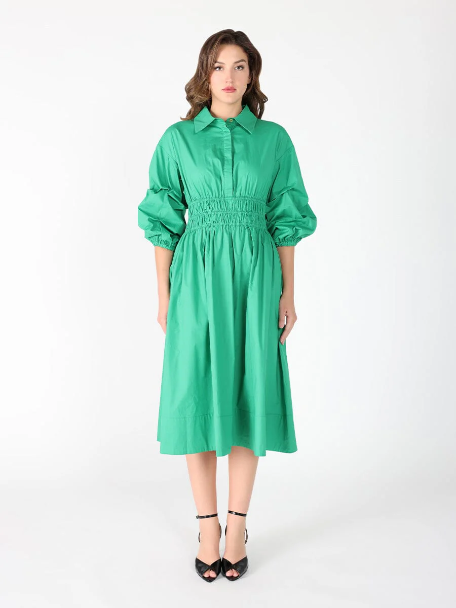 Ruched Puff Sleeve & Waist A Line Midi Dress - Image 9