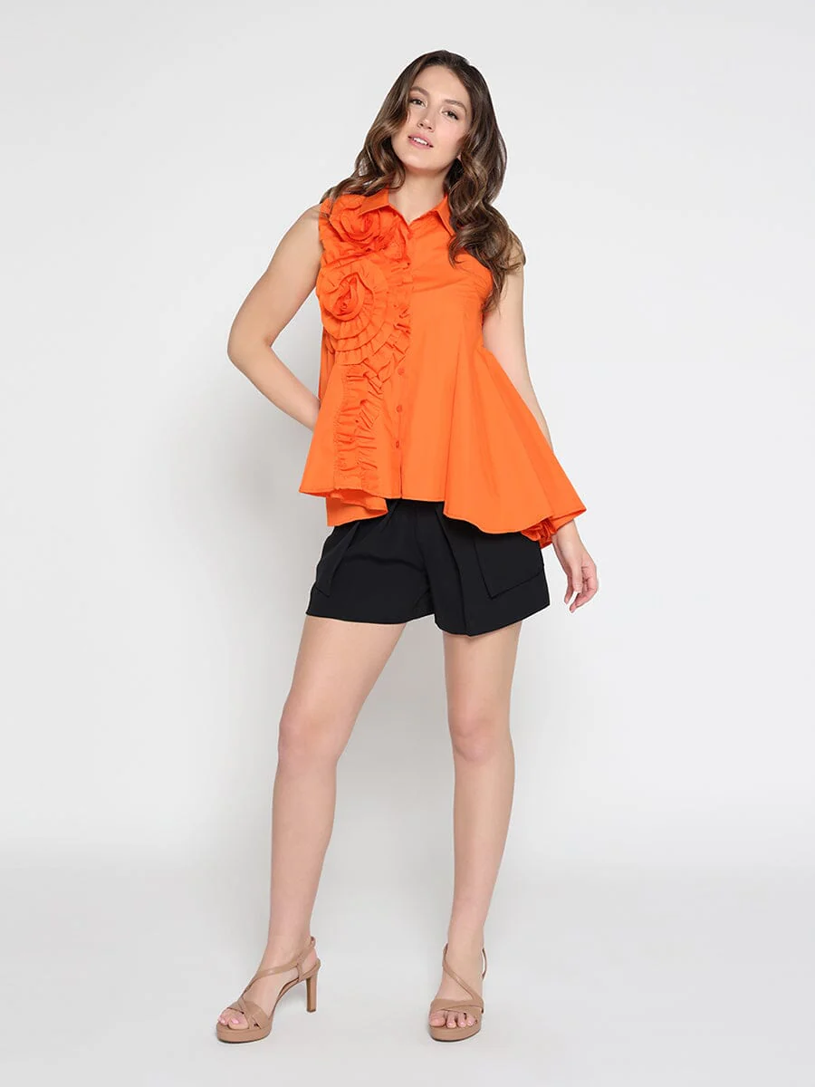 Ruffle Flower Applique Asymmetrical Hem Shirt - Image 2