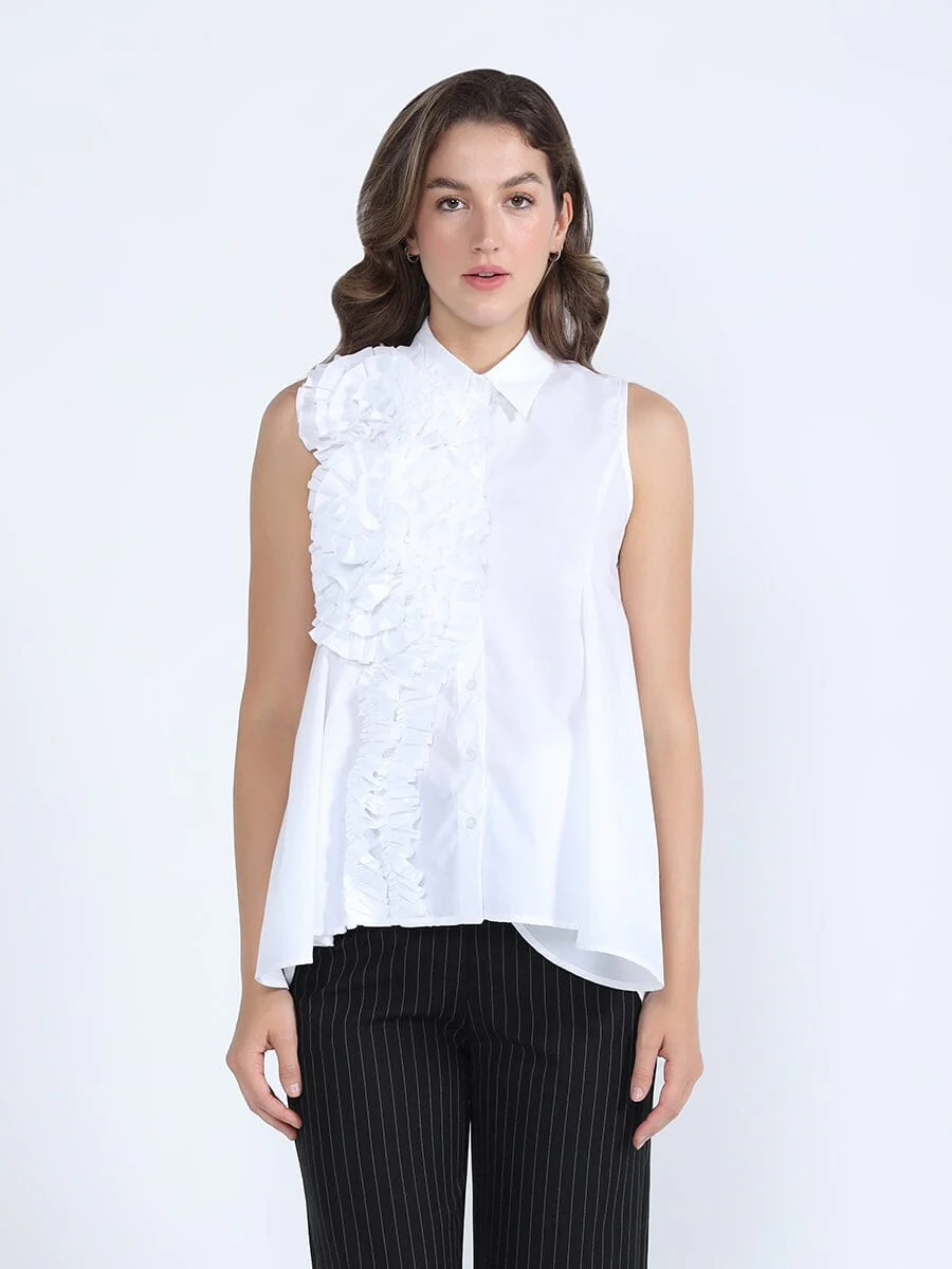 Ruffle Flower Applique Asymmetrical Hem Shirt - Image 5