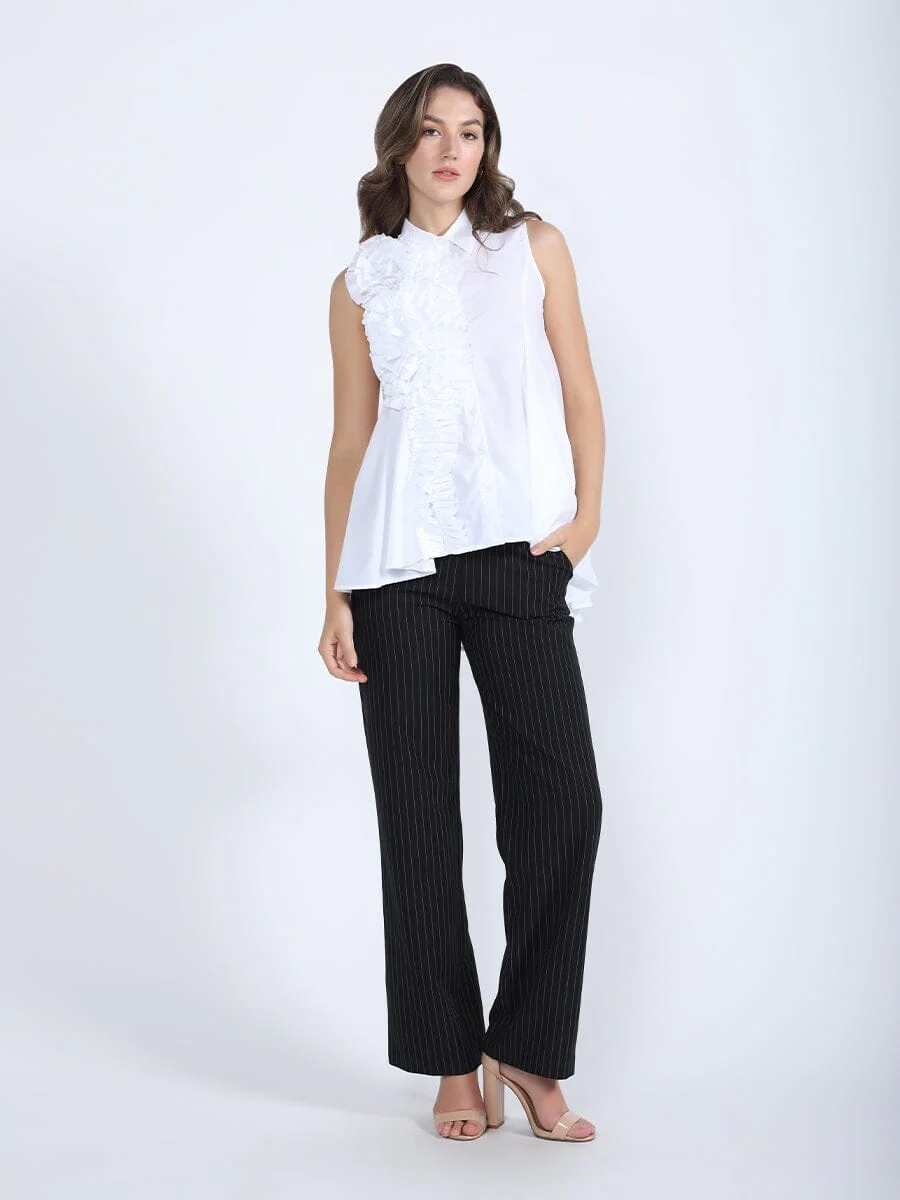 Ruffle Flower Applique Asymmetrical Hem Shirt - Image 6