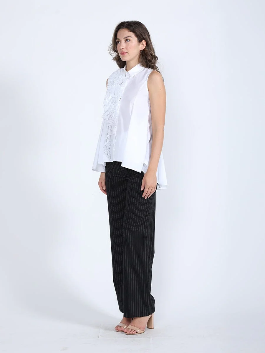 Ruffle Flower Applique Asymmetrical Hem Shirt - Image 7