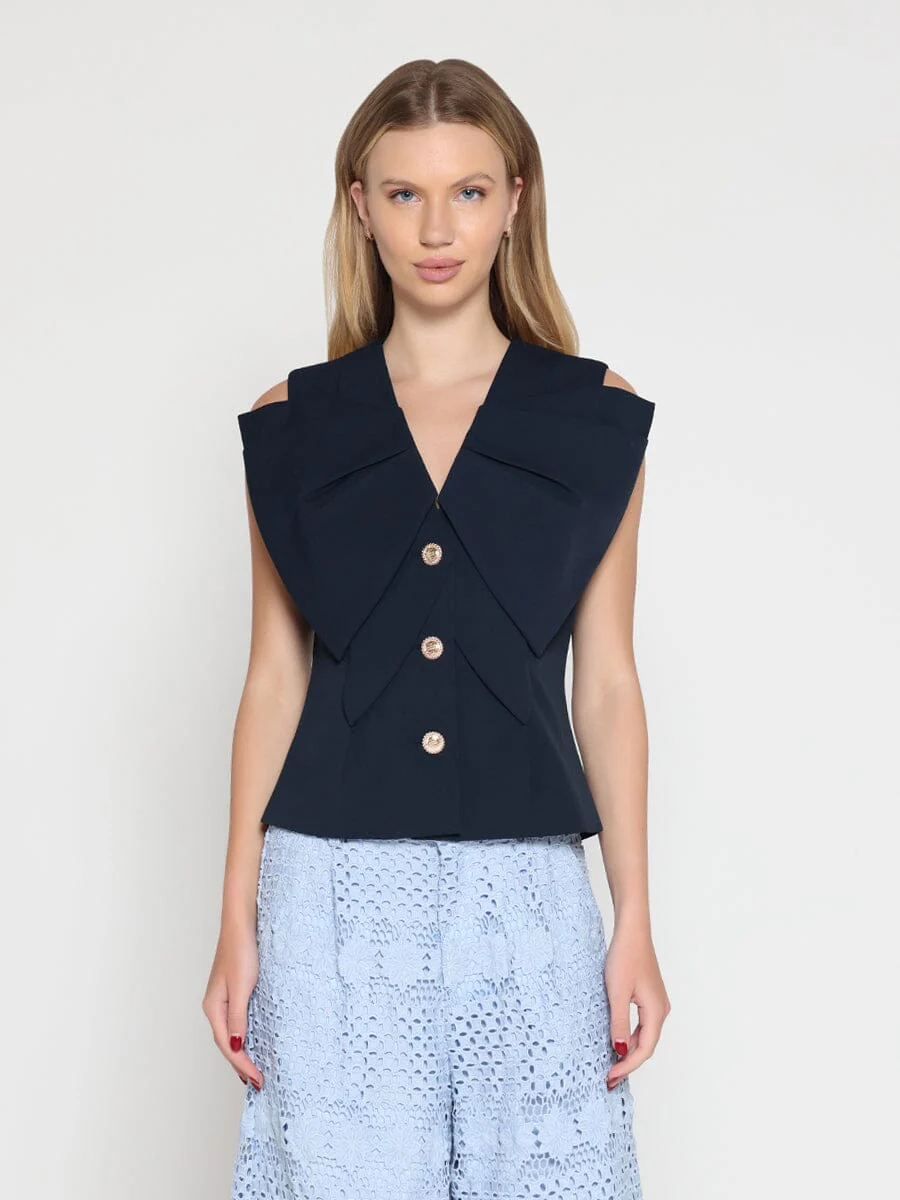 Ruffle Front Button Down Sleeveless Jacket