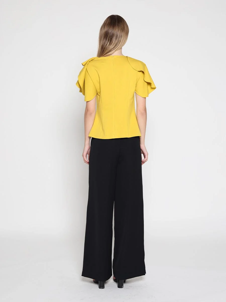 Ruffled neck & sleeve brooch detail solid top - Image 4