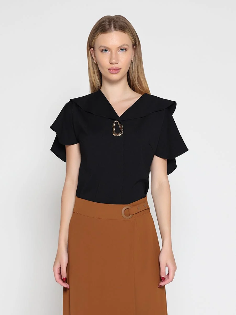 Ruffled neck & sleeve brooch detail solid top - Image 5