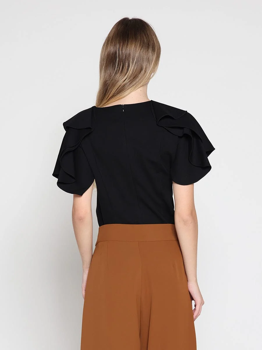 Ruffled neck & sleeve brooch detail solid top - Image 8