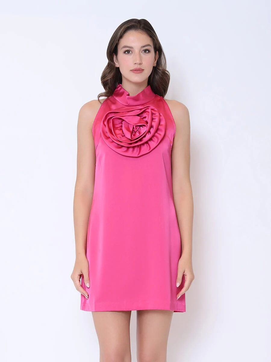 Satin Flower Applique Halter Mini Dress