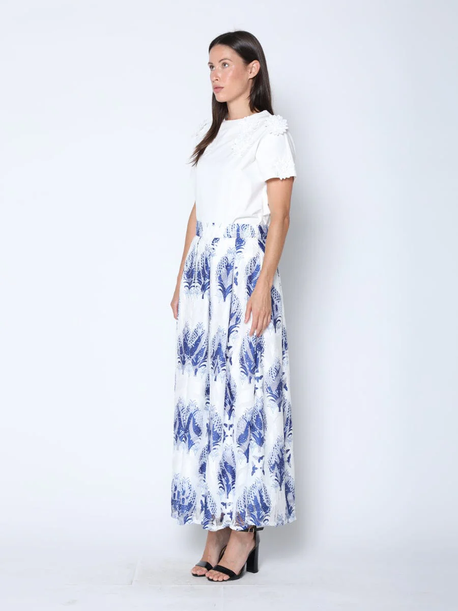 See-Through Plant Print Flare Skirt with Lining - Image 3