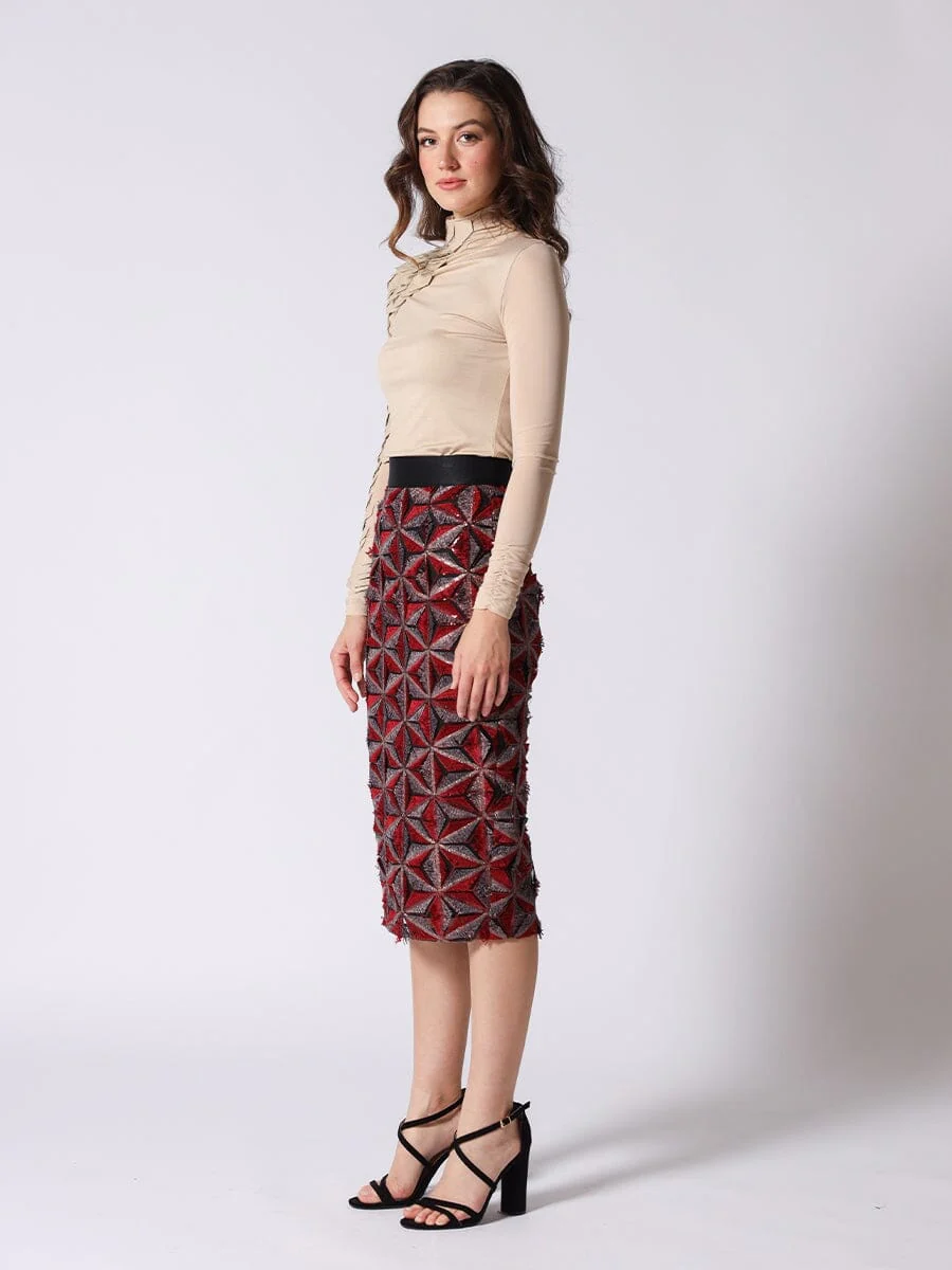 Sequin Beaded Pinwheel Motifs Banding Midi Skirt - Image 3