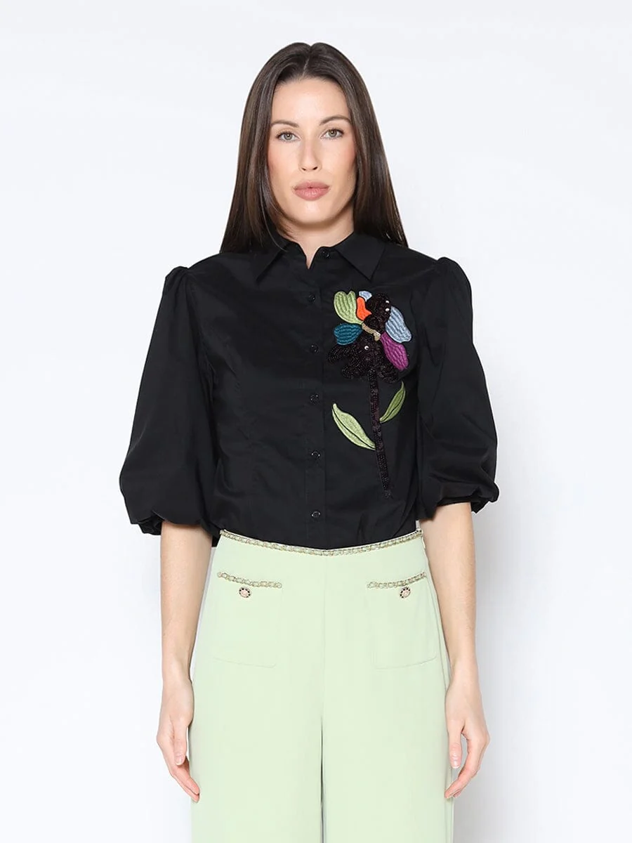 Sequin Embroidery Flower Detail Puff Sleeve Shirt