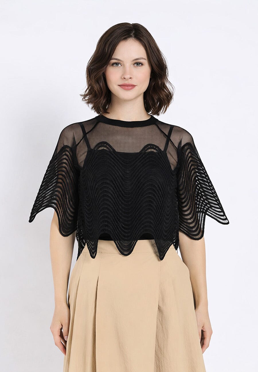 Sheer Crew Neck Mesh Crop Top with Side Zipper