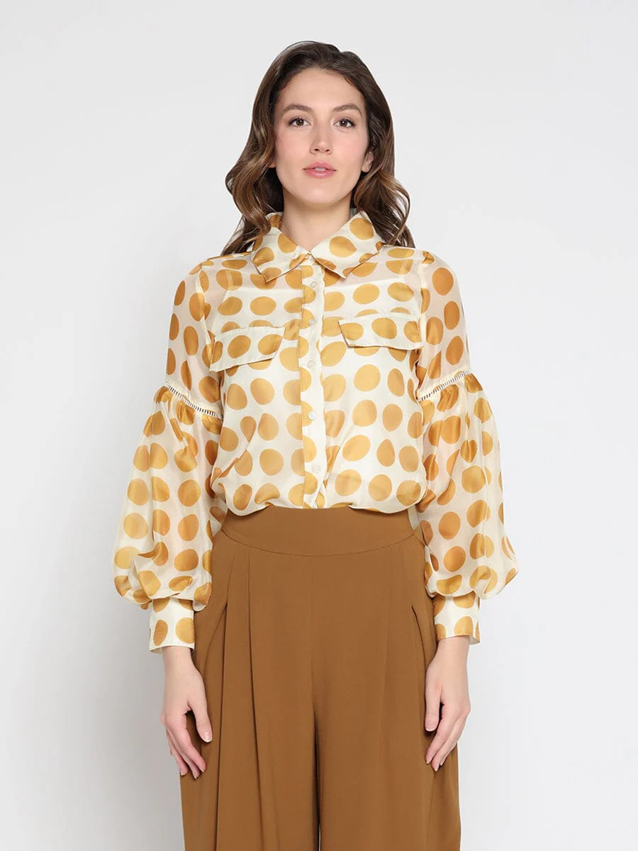 Sheer Polka Dot Pattern Top W/Front Patch Pockets