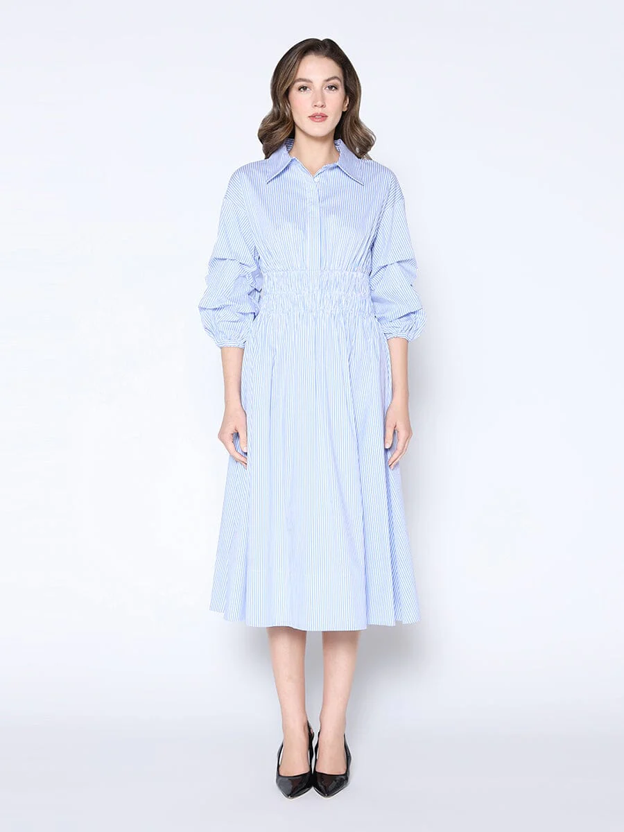 Shirred Waist Puff Sleeve Stripe Cotton Dress