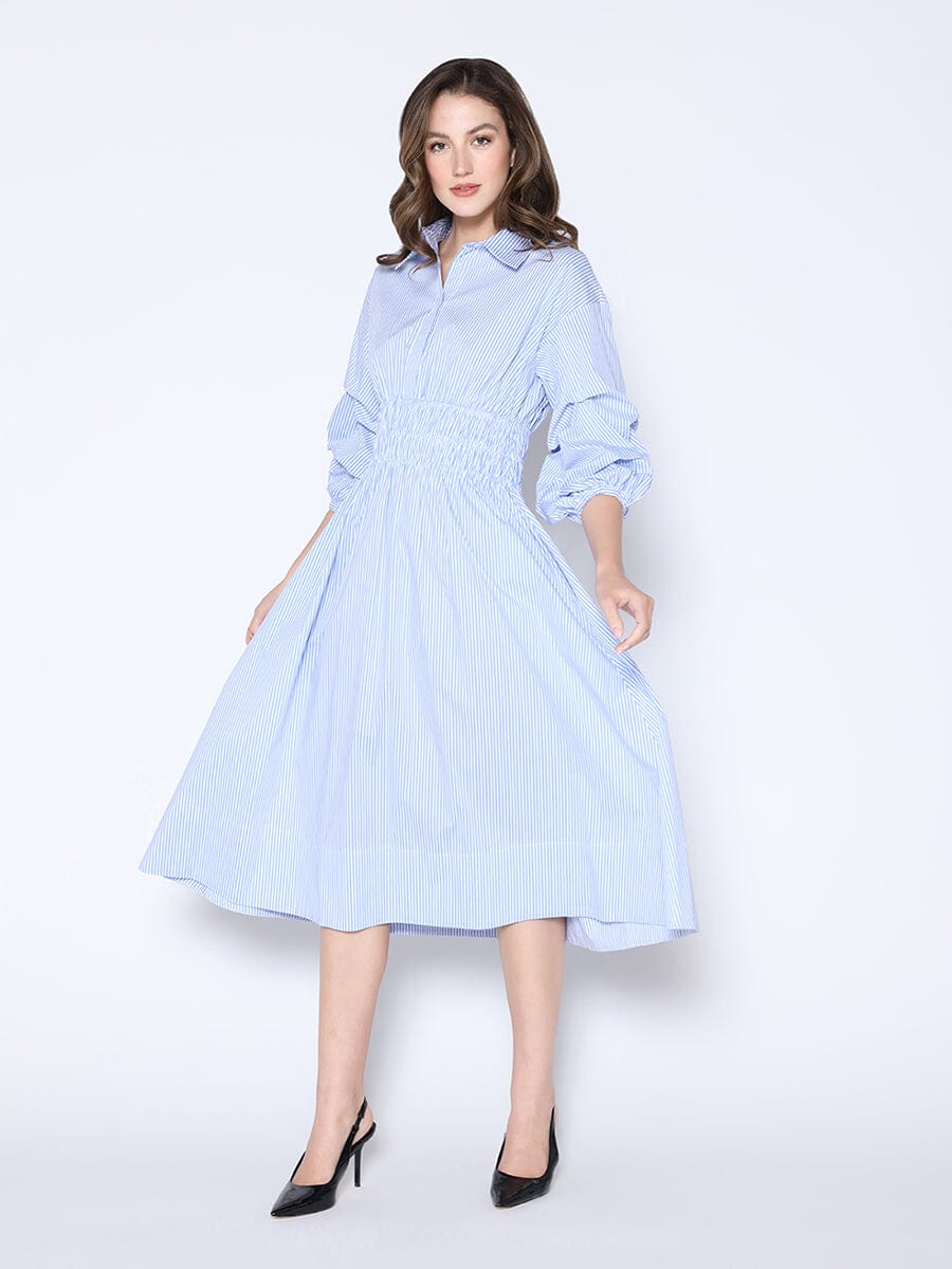 Shirred Waist Puff Sleeve Stripe Cotton Dress - Image 2
