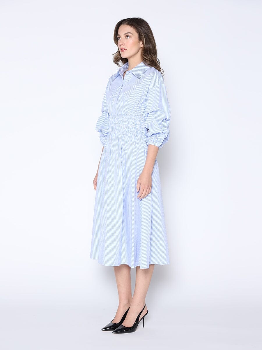 Shirred Waist Puff Sleeve Stripe Cotton Dress - Image 3