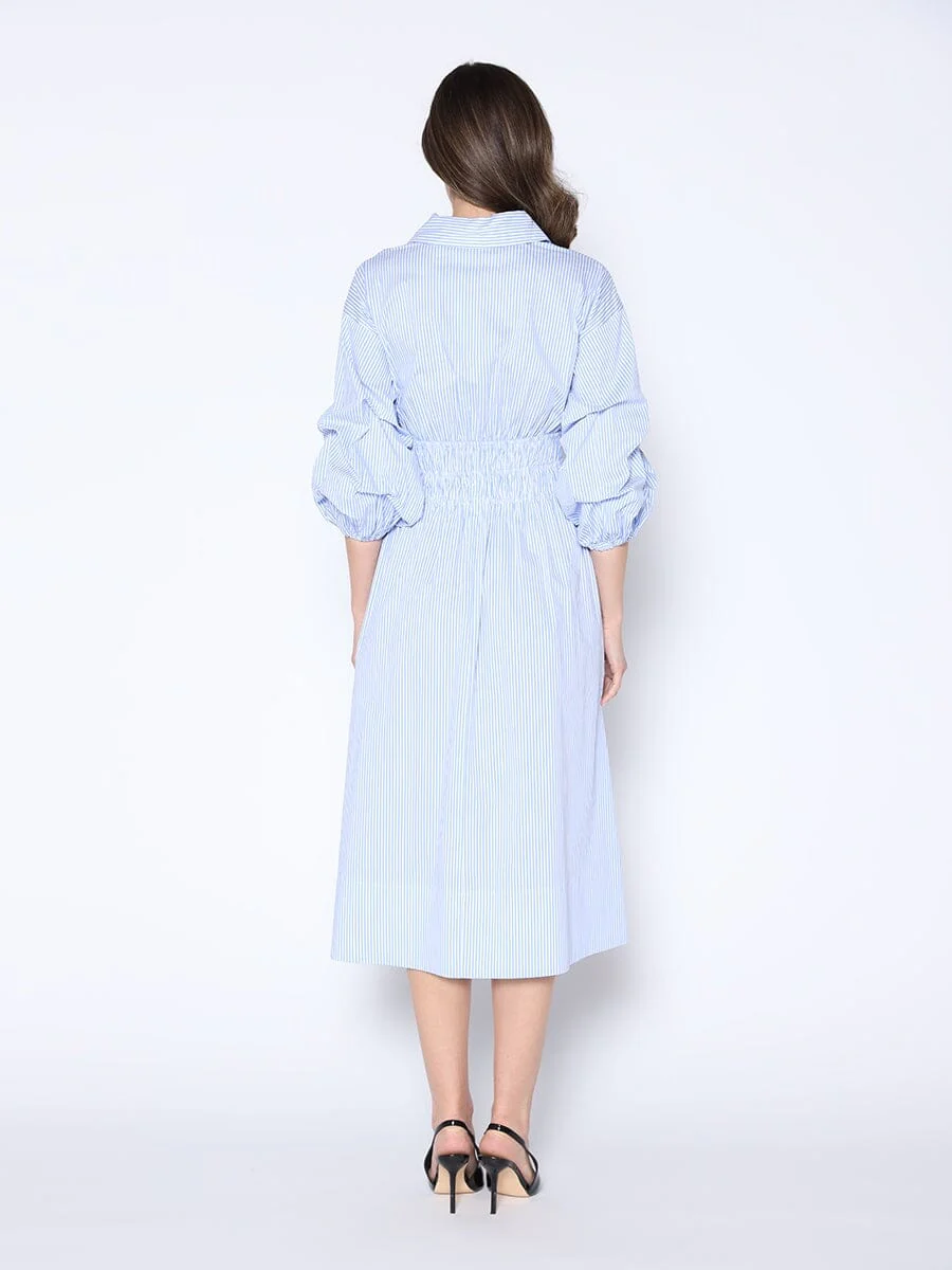 Shirred Waist Puff Sleeve Stripe Cotton Dress - Image 4