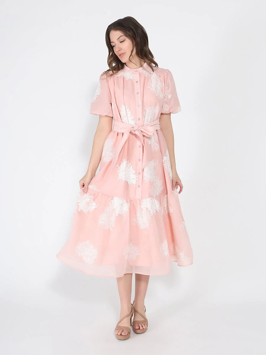 Short Puff Sleeve Embroidery Detail Midi Dress - Image 2