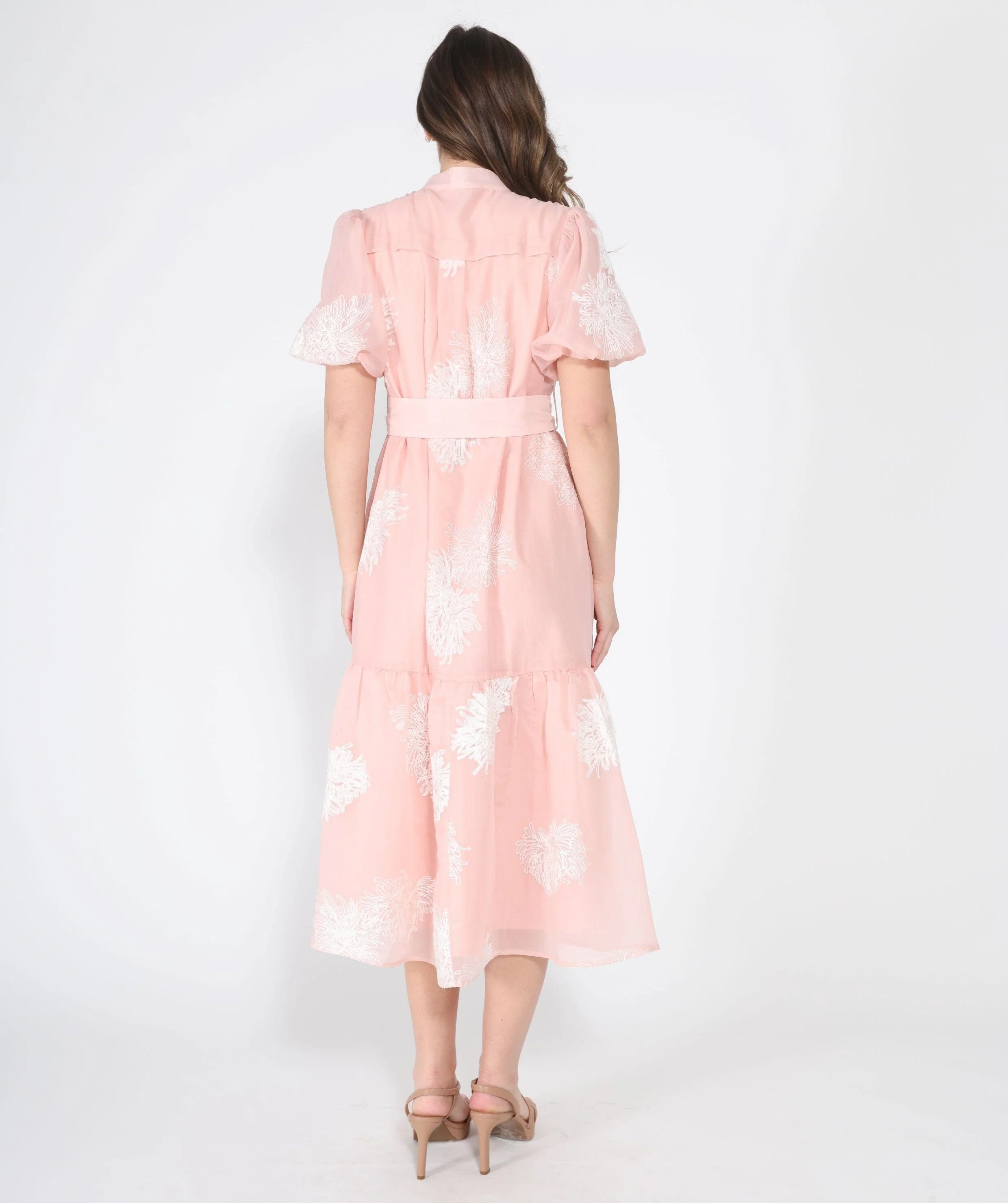 Short Puff Sleeve Embroidery Detail Midi Dress - Image 4