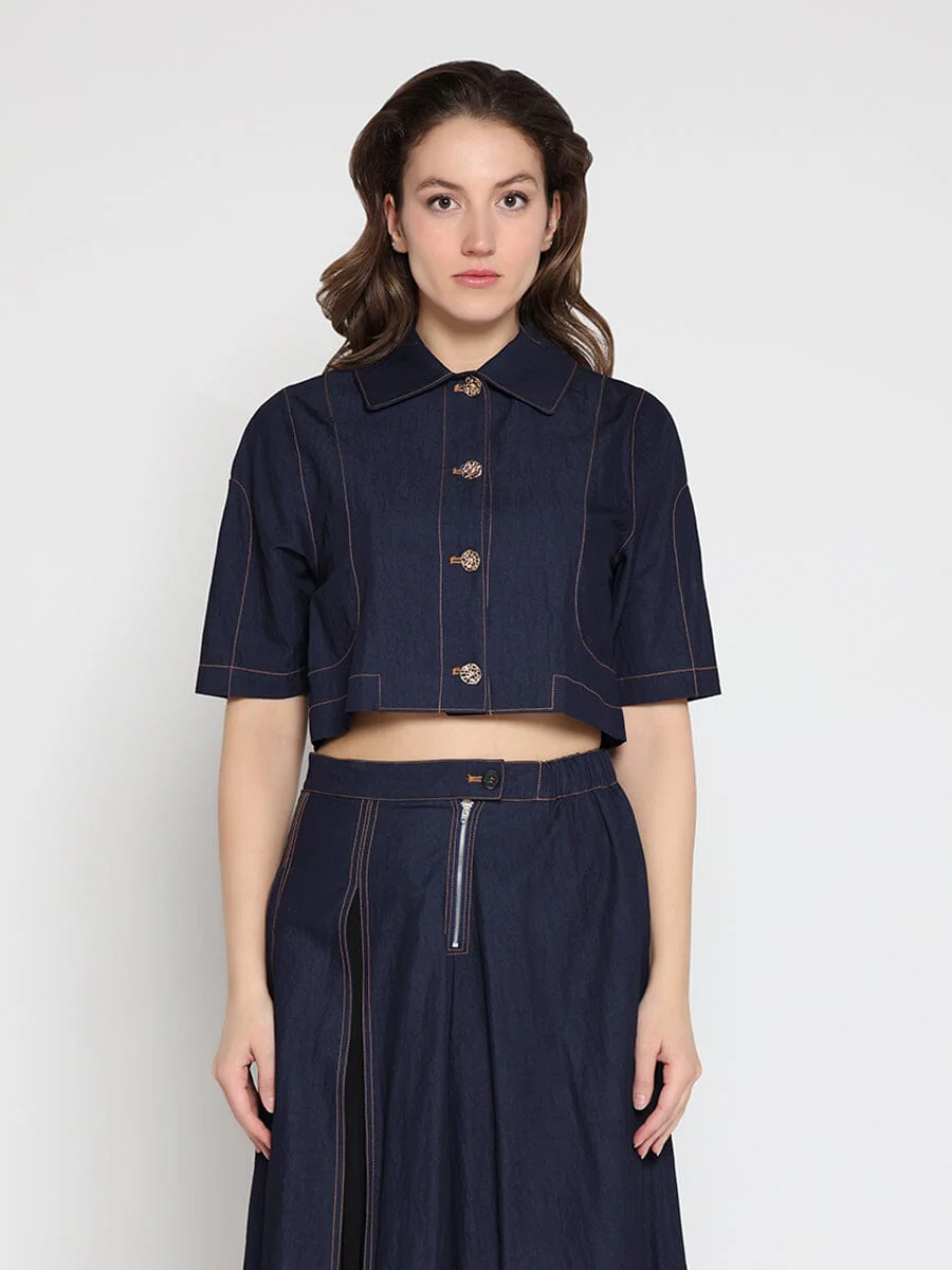 Short Sleeve Button Down Collared Crop Jacket