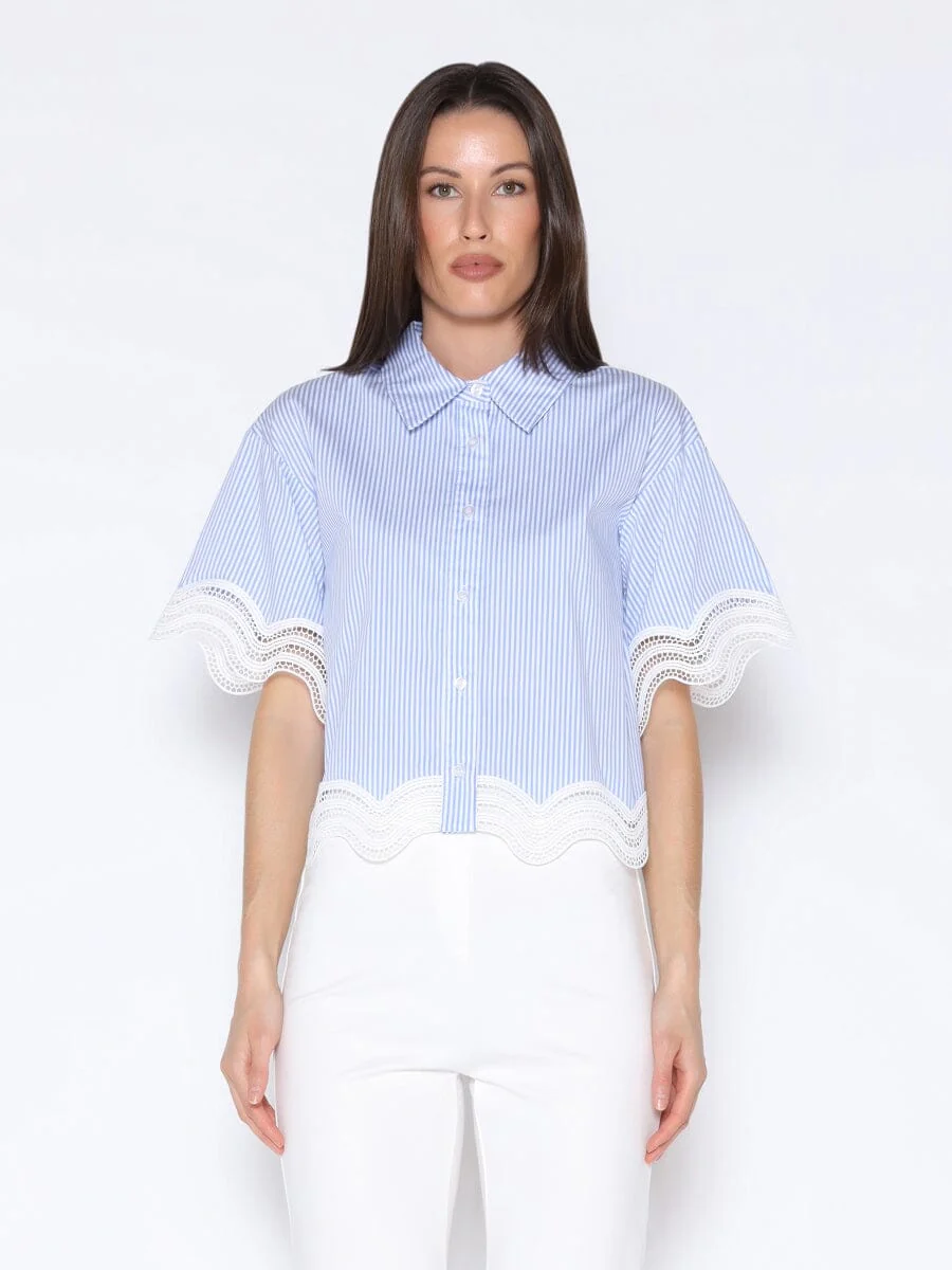 Short Sleeve Lace Trim Stripe Button Down Shirt