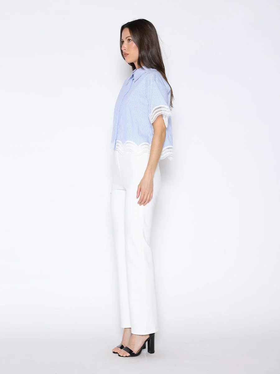 Short Sleeve Lace Trim Stripe Button Down Shirt - Image 3