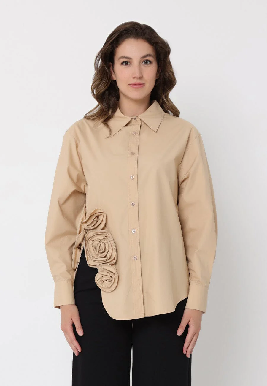 SIde flower detail button down long sleeve top