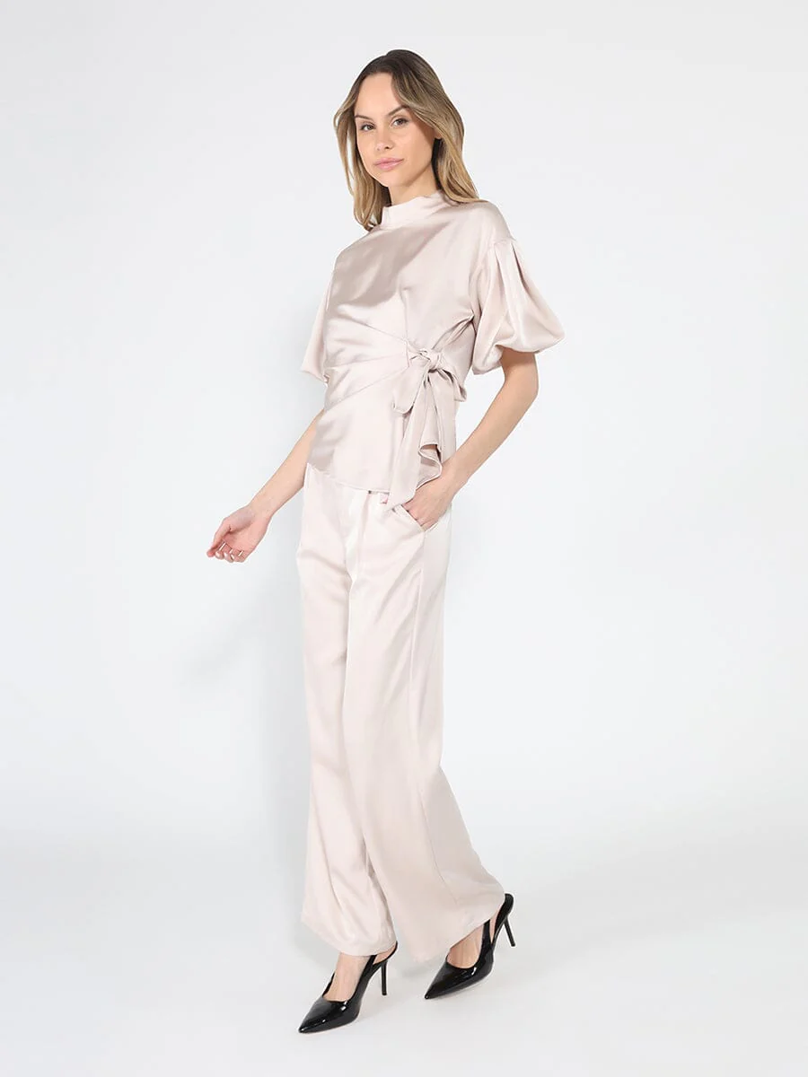 Side Twist Knot Mock Neck Puff Sleeve Satin Top - Image 10