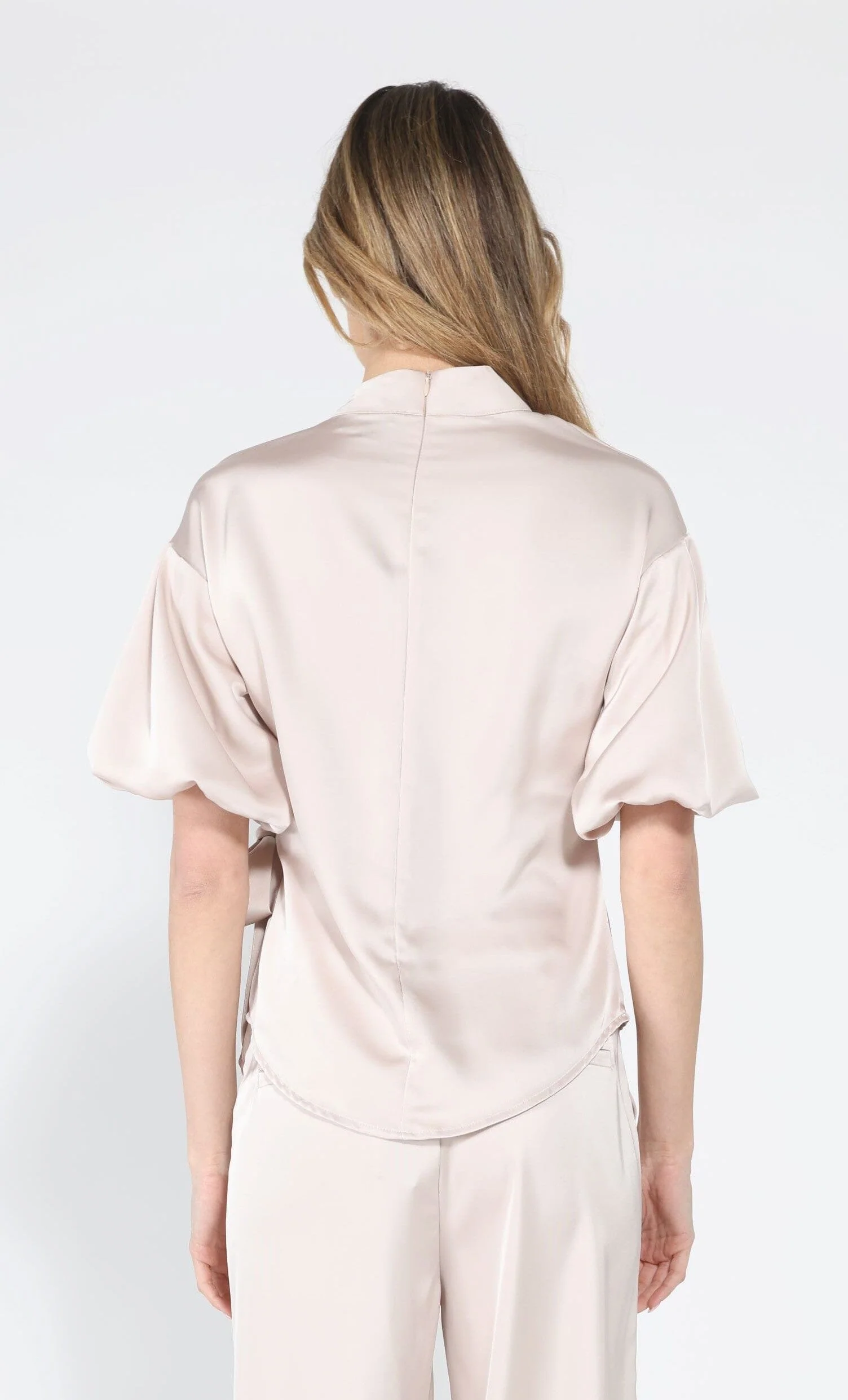 Side Twist Knot Mock Neck Puff Sleeve Satin Top - Image 12