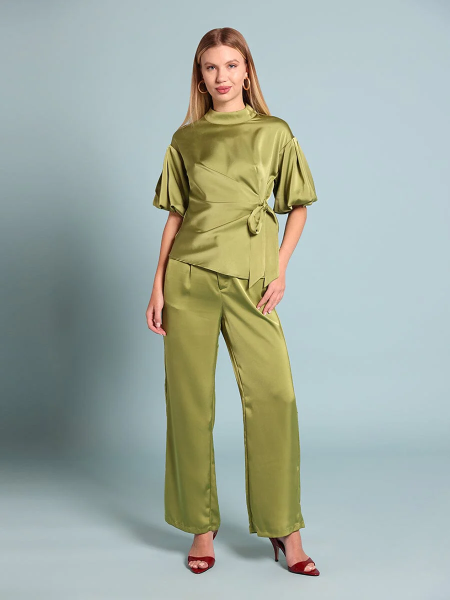 Side Twist Knot Mock Neck Puff Sleeve Satin Top - Image 2