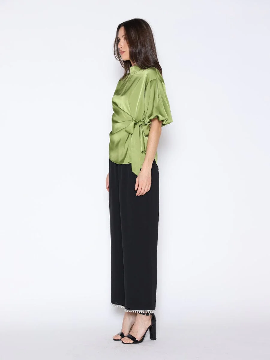 Side Twist Knot Mock Neck Puff Sleeve Satin Top - Image 3