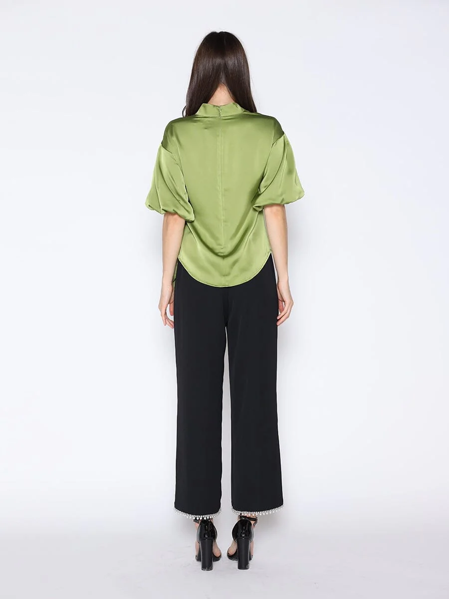 Side Twist Knot Mock Neck Puff Sleeve Satin Top - Image 4