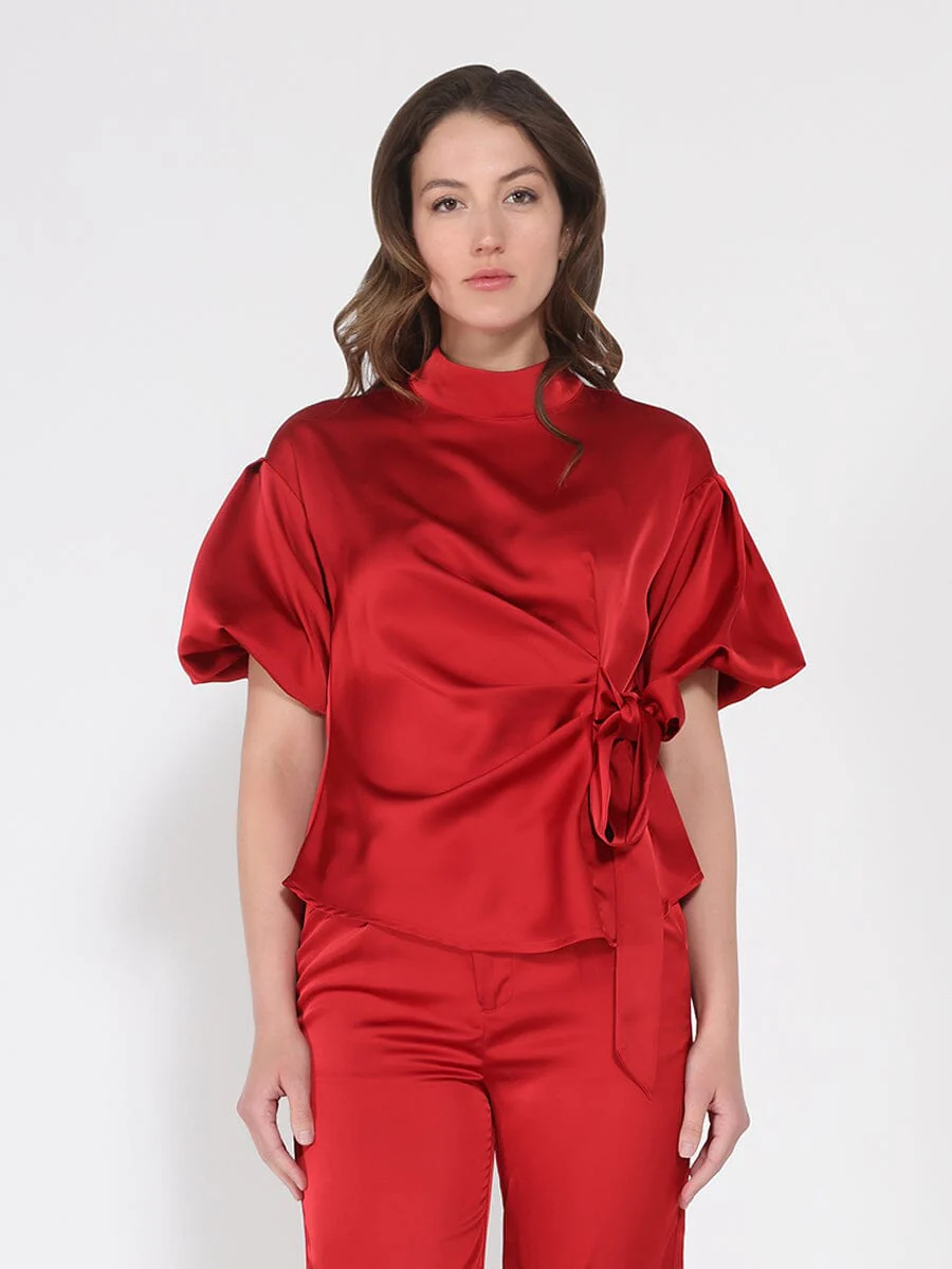 Side Twist Knot Mock Neck Puff Sleeve Satin Top - Image 5