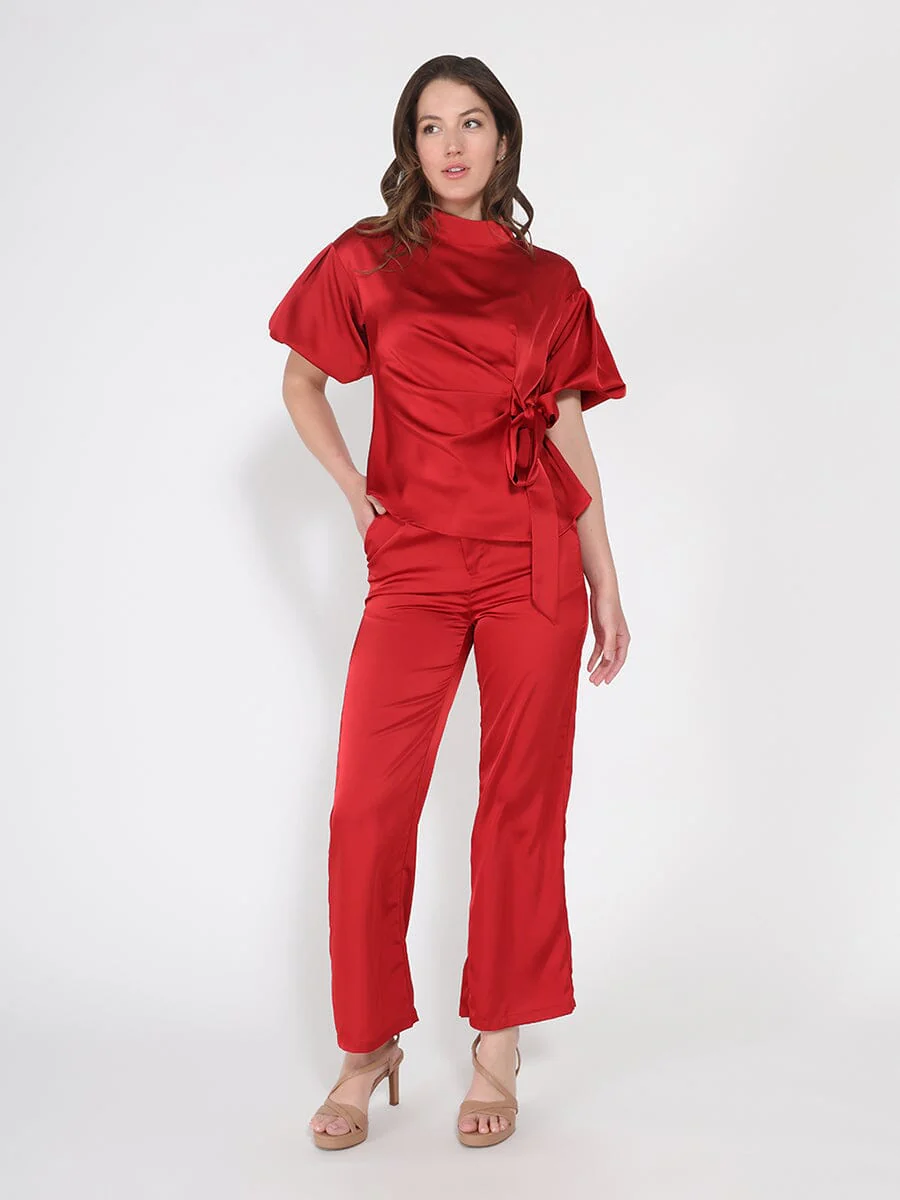 Side Twist Knot Mock Neck Puff Sleeve Satin Top - Image 6