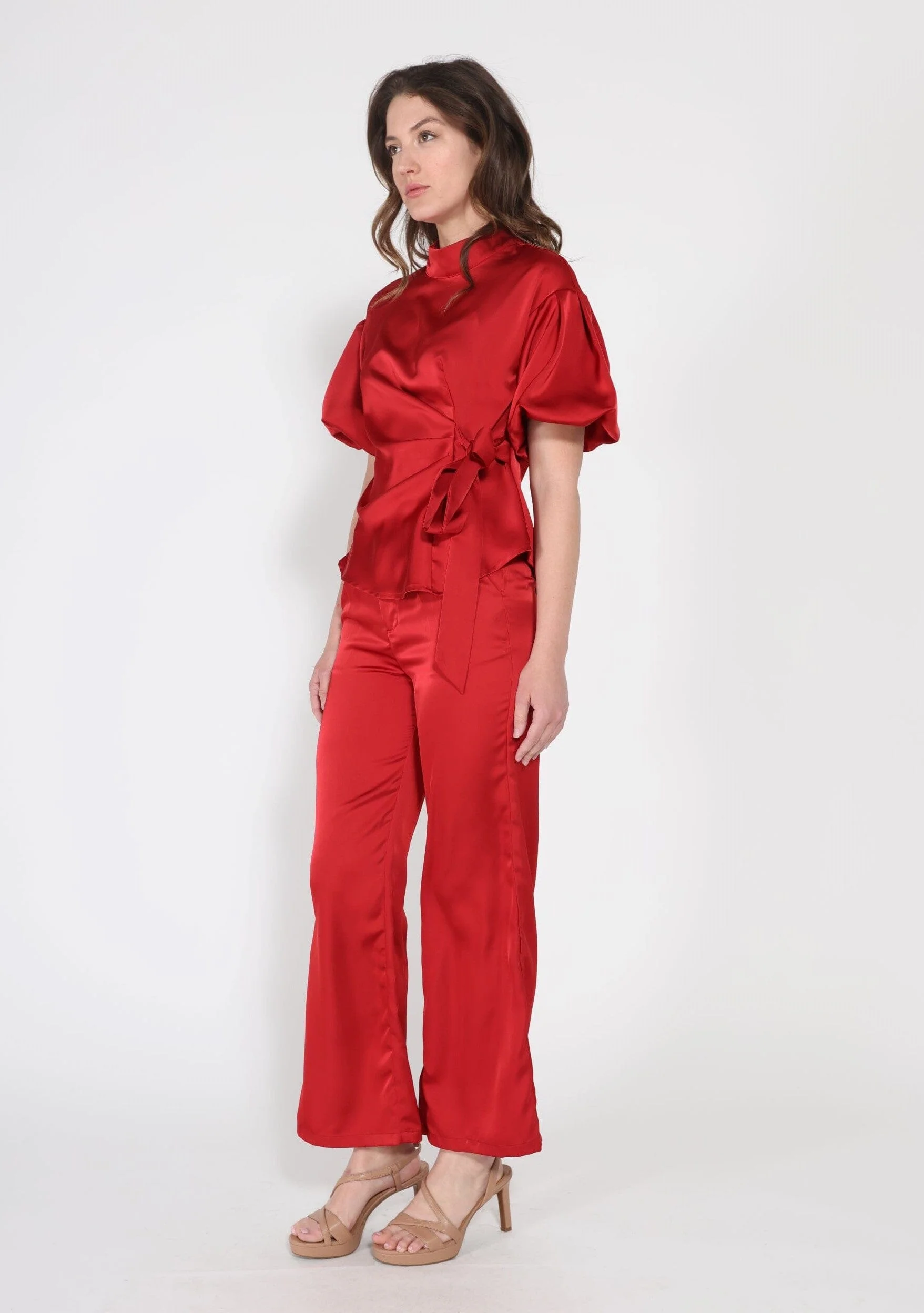 Side Twist Knot Mock Neck Puff Sleeve Satin Top - Image 7
