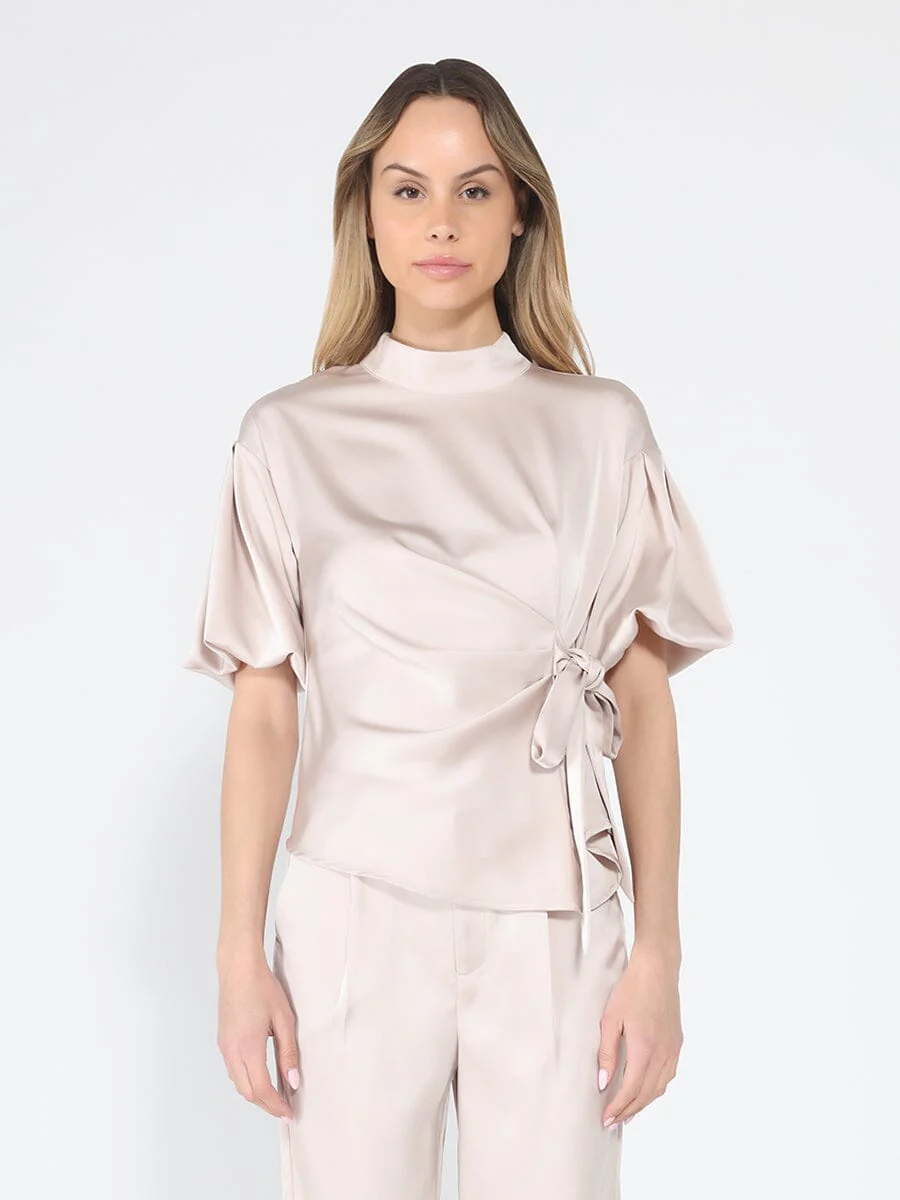 Side Twist Knot Mock Neck Puff Sleeve Satin Top - Image 9