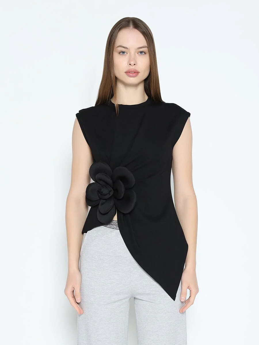 Sleeveless Flower Applique Sharp Asymmetrical Top - Image 13